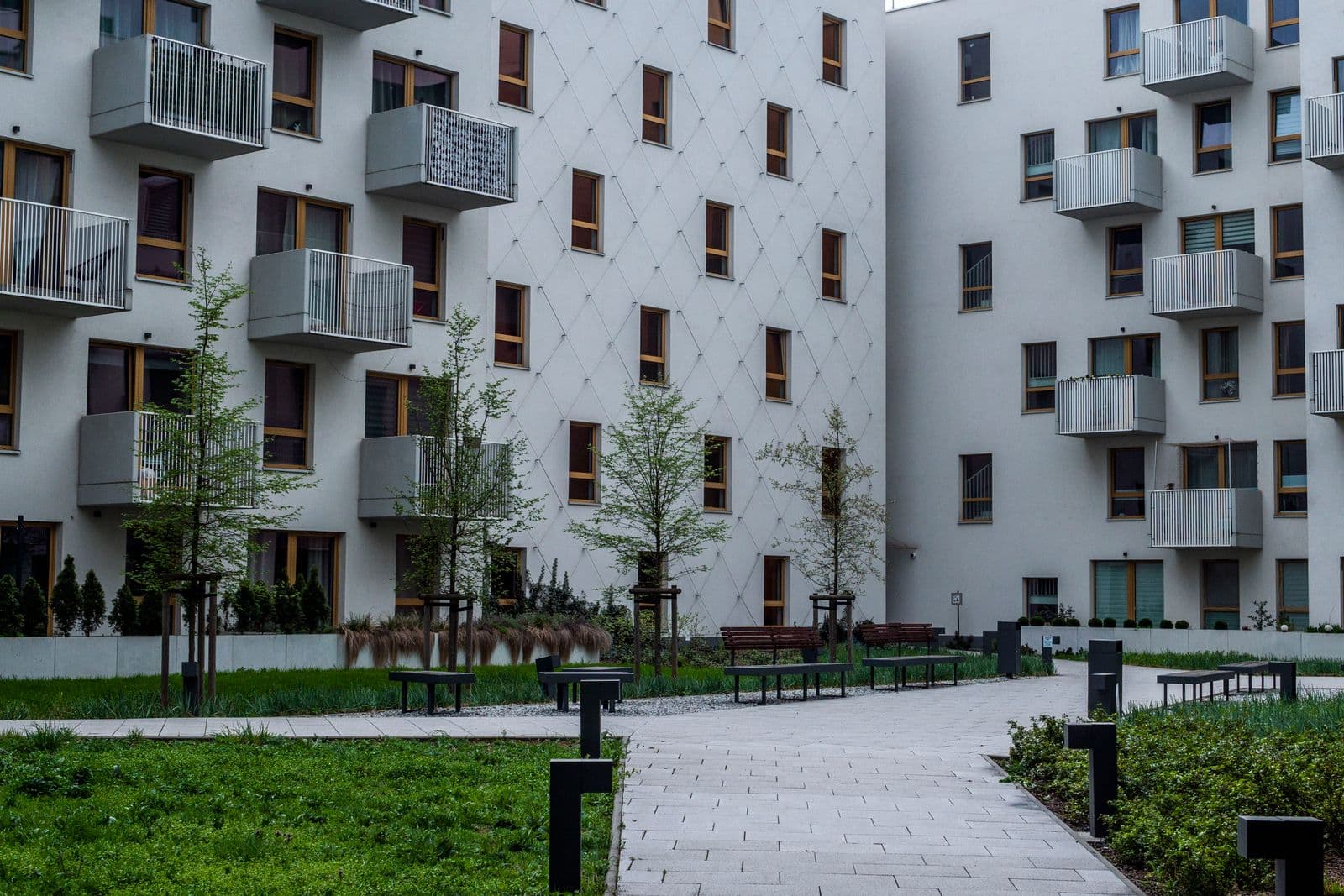 A green courtyard in a thoughtfully designed apartment community