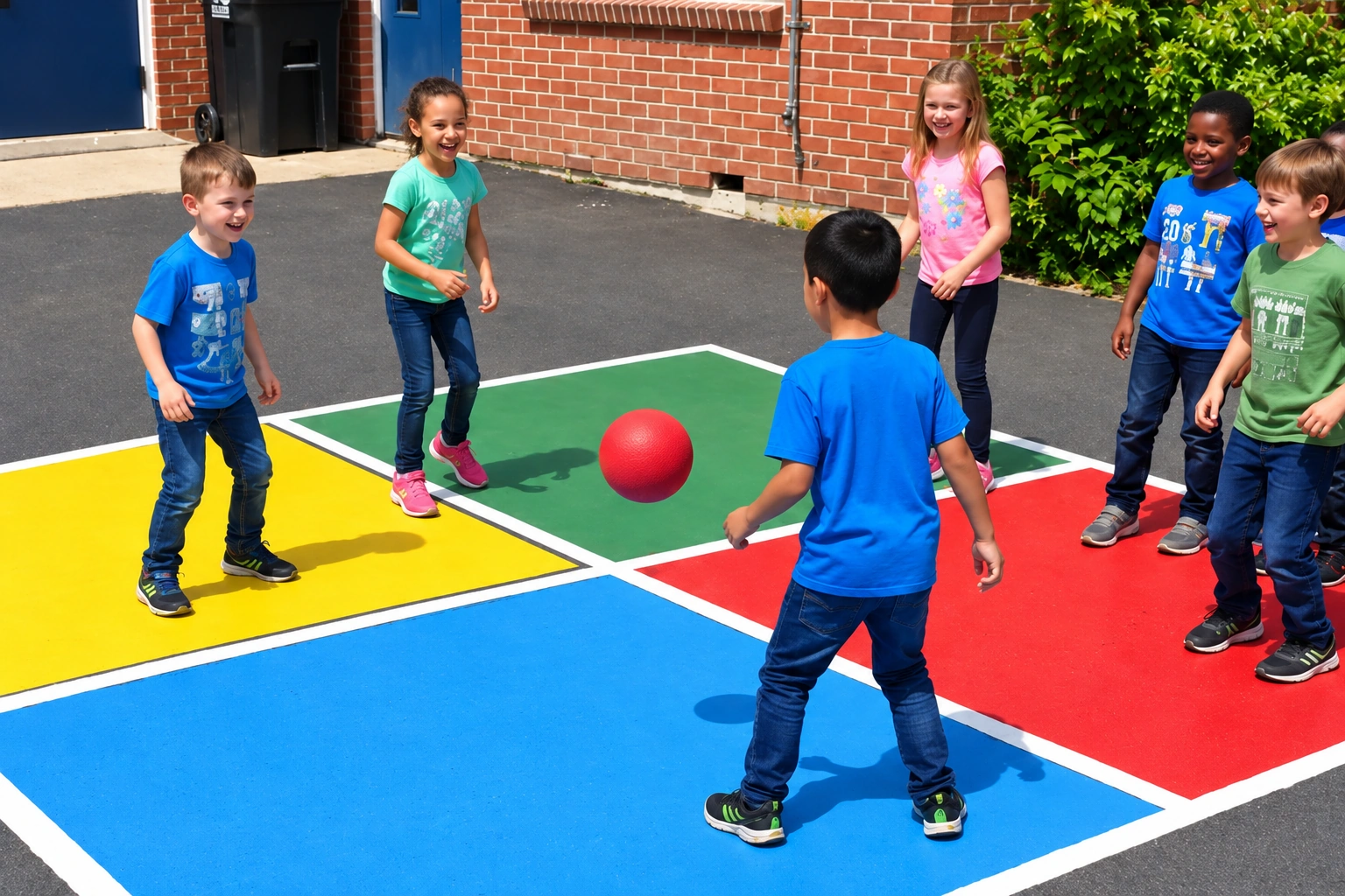 Children enjoying a game of four square together outdoors