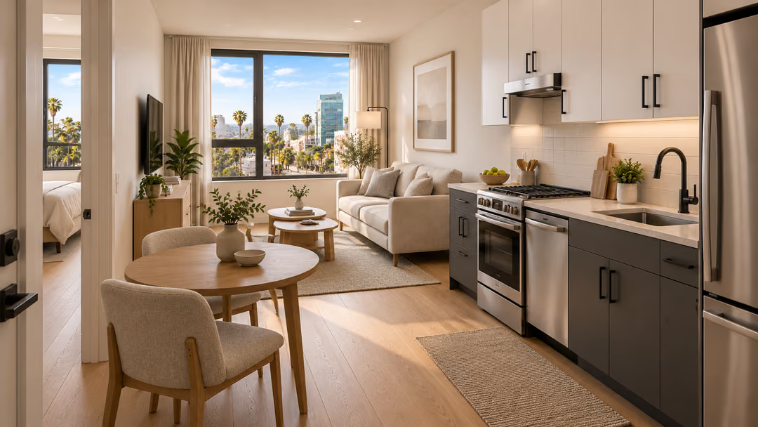 Apartment interior with a bright living area and kitchen